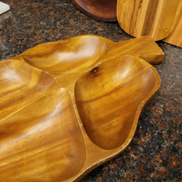 Large Monkey Pod Wood Leaf Shaped Divided Serving Tray Mid Century Modern MCM - Picture 3 of 5